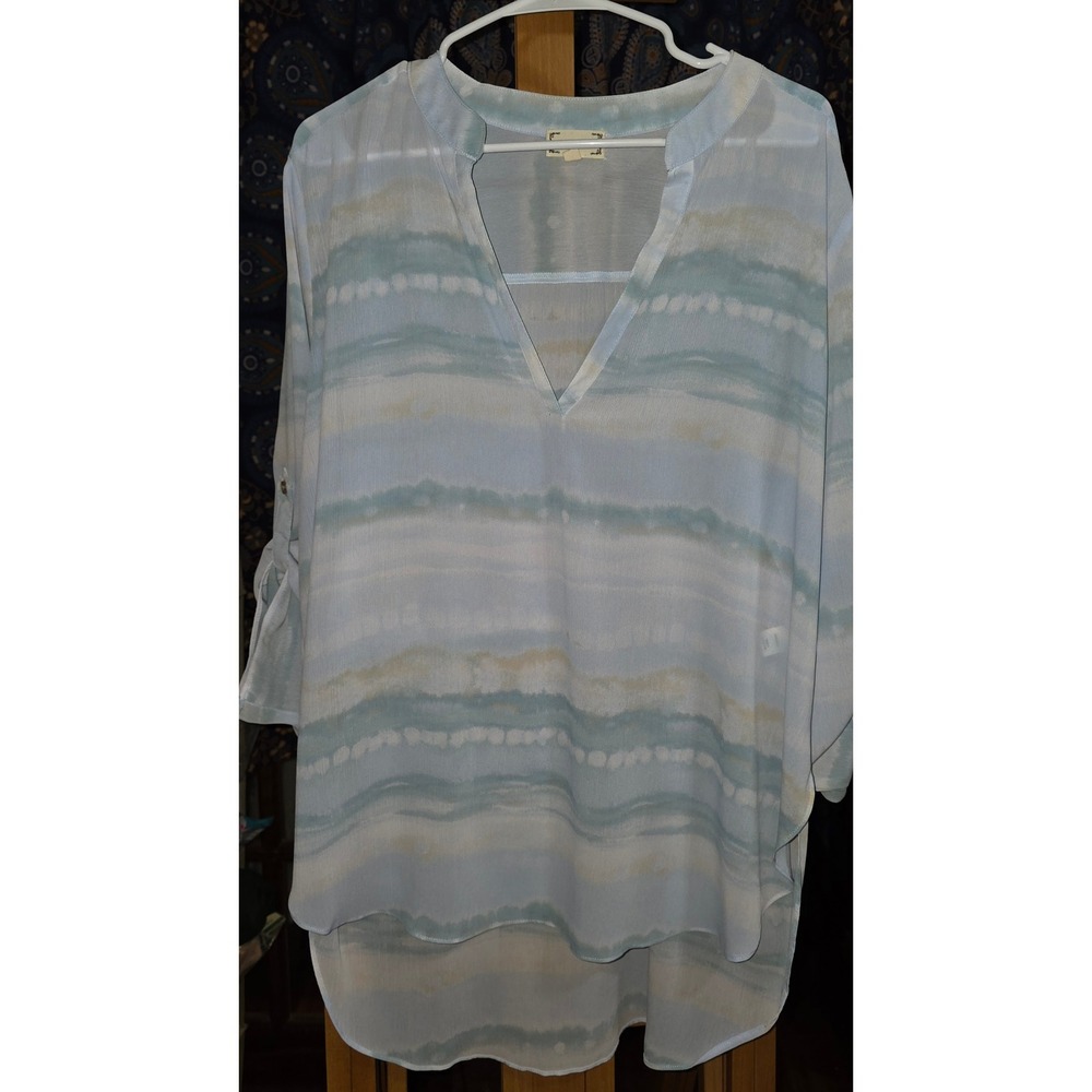 Cloth & Portrait Blue Tie Dye Stripe Roll Tab High Low Tunic Blouse XL Womens
